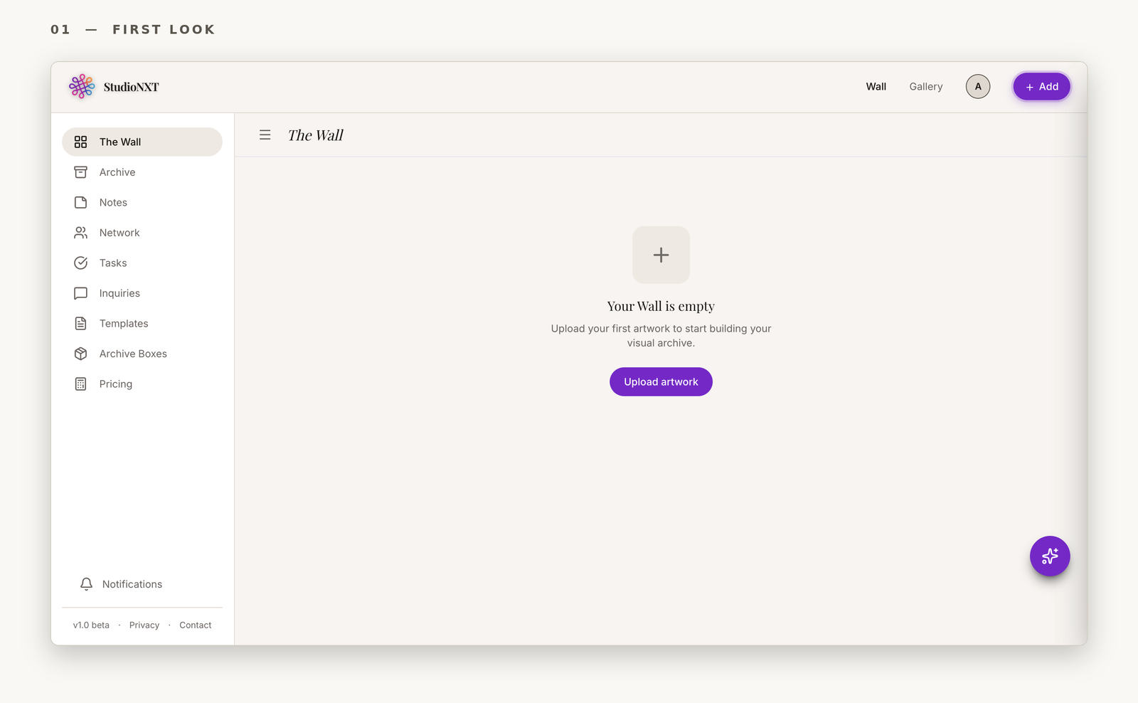 The Wall — StudioNXT's archive interface, showing the empty state before an artist's first upload